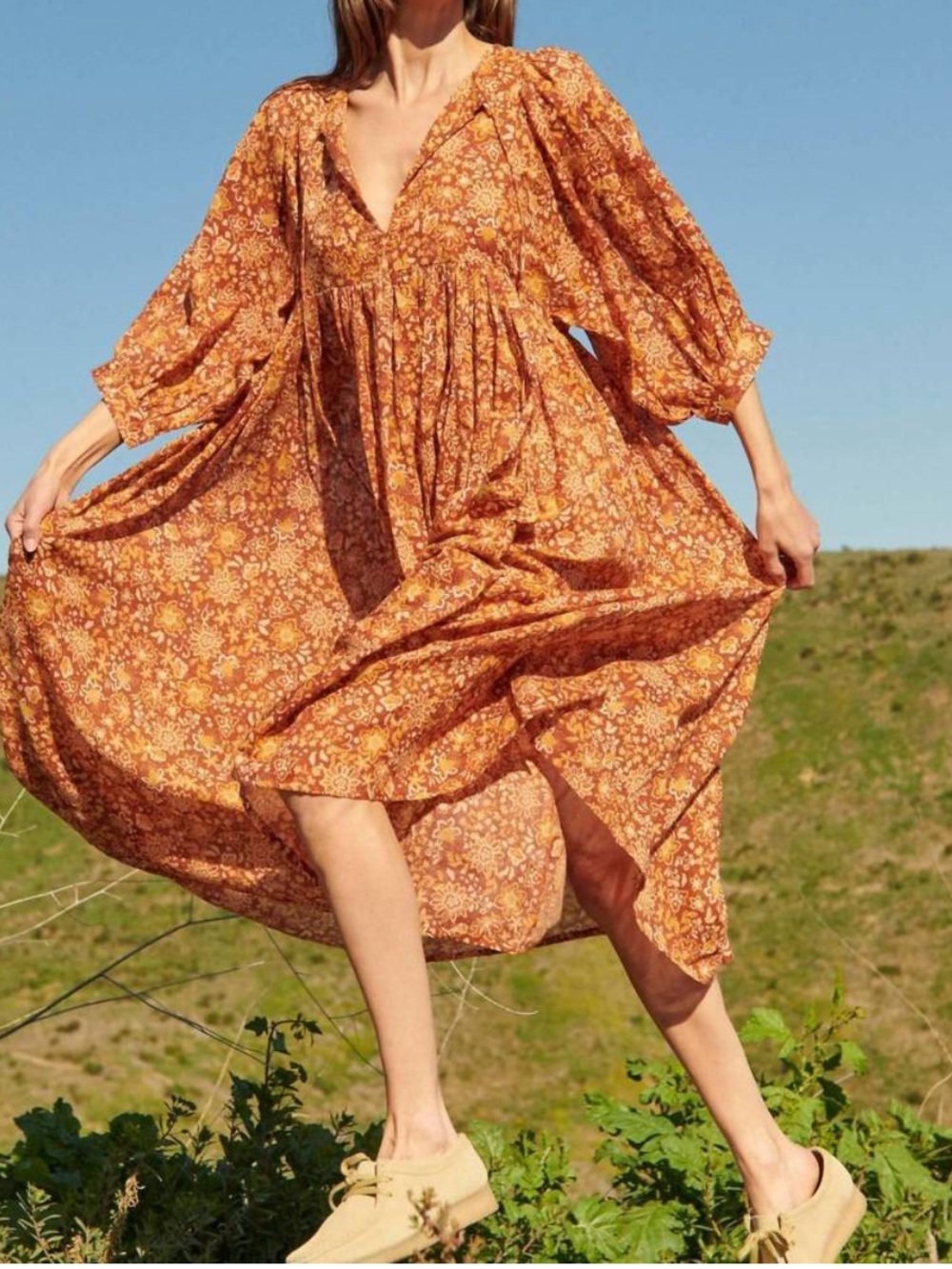 Sundry Midi Dress‎ Womens 0 Rust Orange Floral Balloon Sleeve Cotton Boho Fall